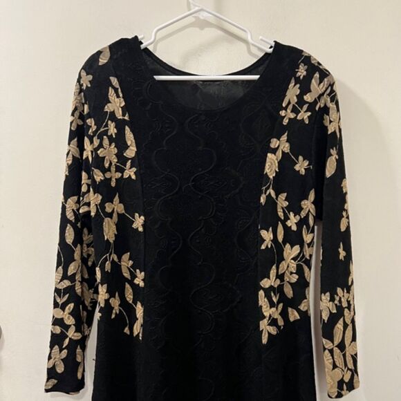 VTG Womens Black Gold Floral Embroidered Midi Dress With Side Slits Size L/XL - Picture 4 of 13